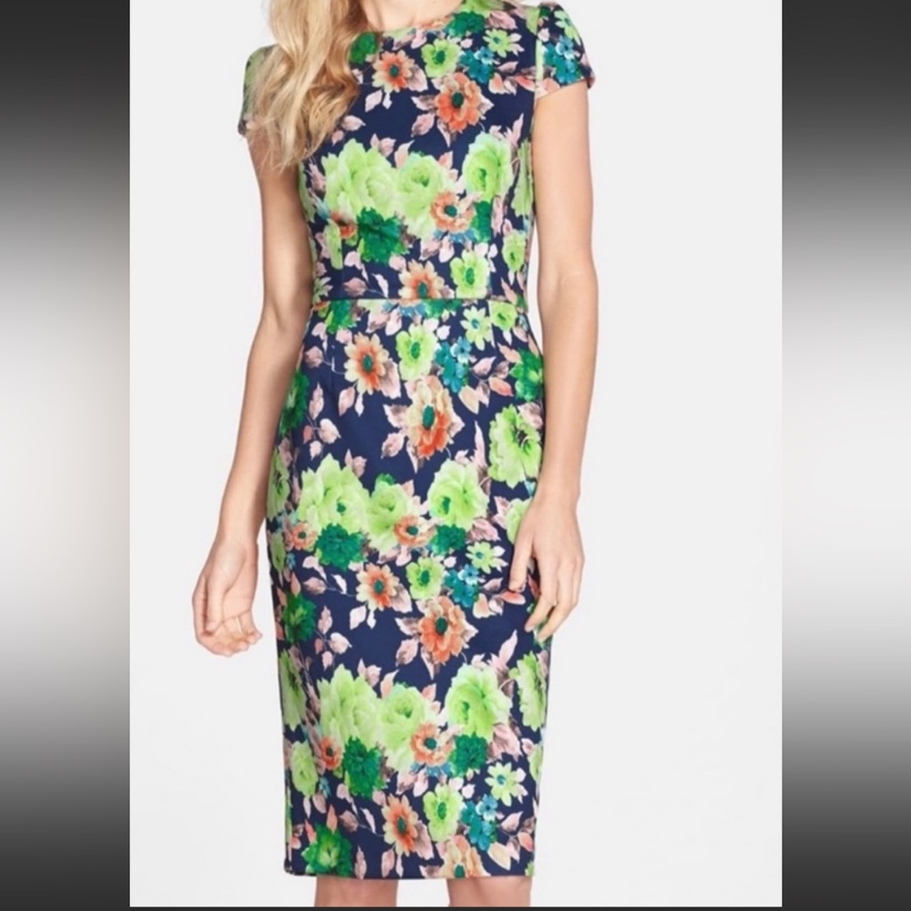 Betsey Johnson floral print scuba sheath dress, size 4